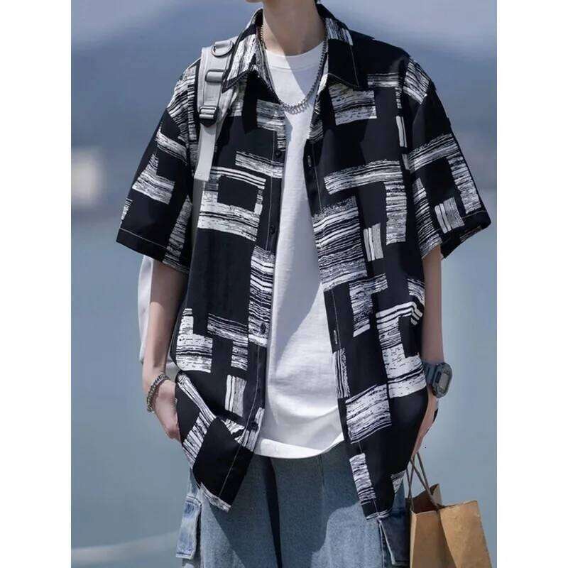 Men Summer Vintage Japanese Style Print Lapel Streetwear Y2k Shirt Youth Male Simple Casual Short Sleeve Oversize Harajuku Tops