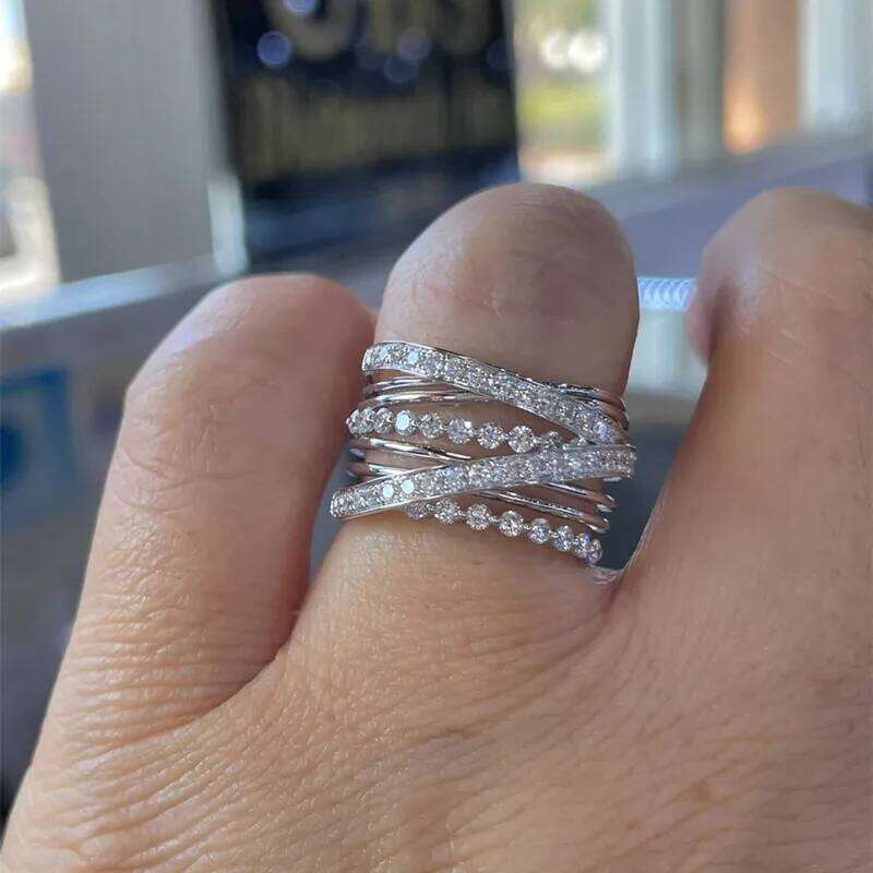 Huitan Luxury Women Full Paved Sparkling Cubic Zirconia Fashion Cross Silver Color Female Rings for Party Jewelry