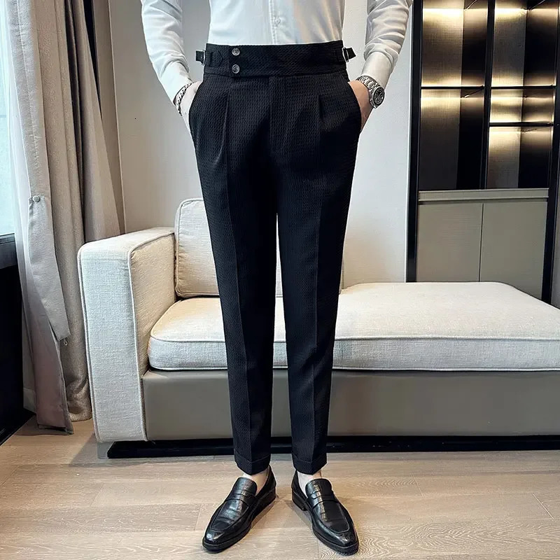 Autumn Winter Pantalones Hombre High waist Waffle Business Casual Suit Pants For Men Clothing Slim Fit Formal Wear Trousers 36 251226