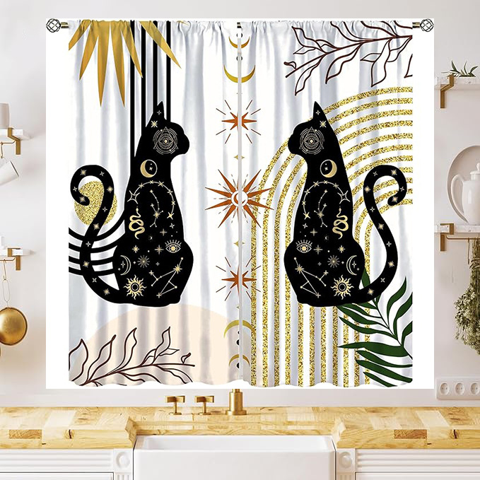 YL-38056 New Simple Geometric Pattern Cute Cat Print Curtain for Kitchen, Cafe, and Restaurant Decoration