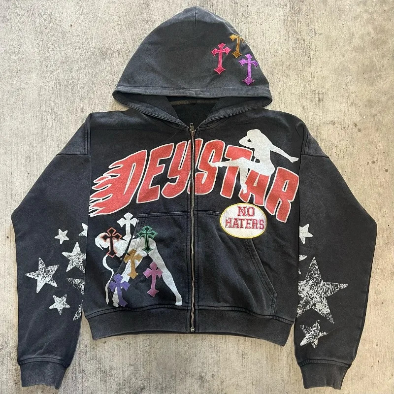 Womens Letter Geometric Cross Print Cardigan Zipper Hoodie Hip-Hop Sweatshirt Casual Versatile Gothic Sexy Y2K 251222