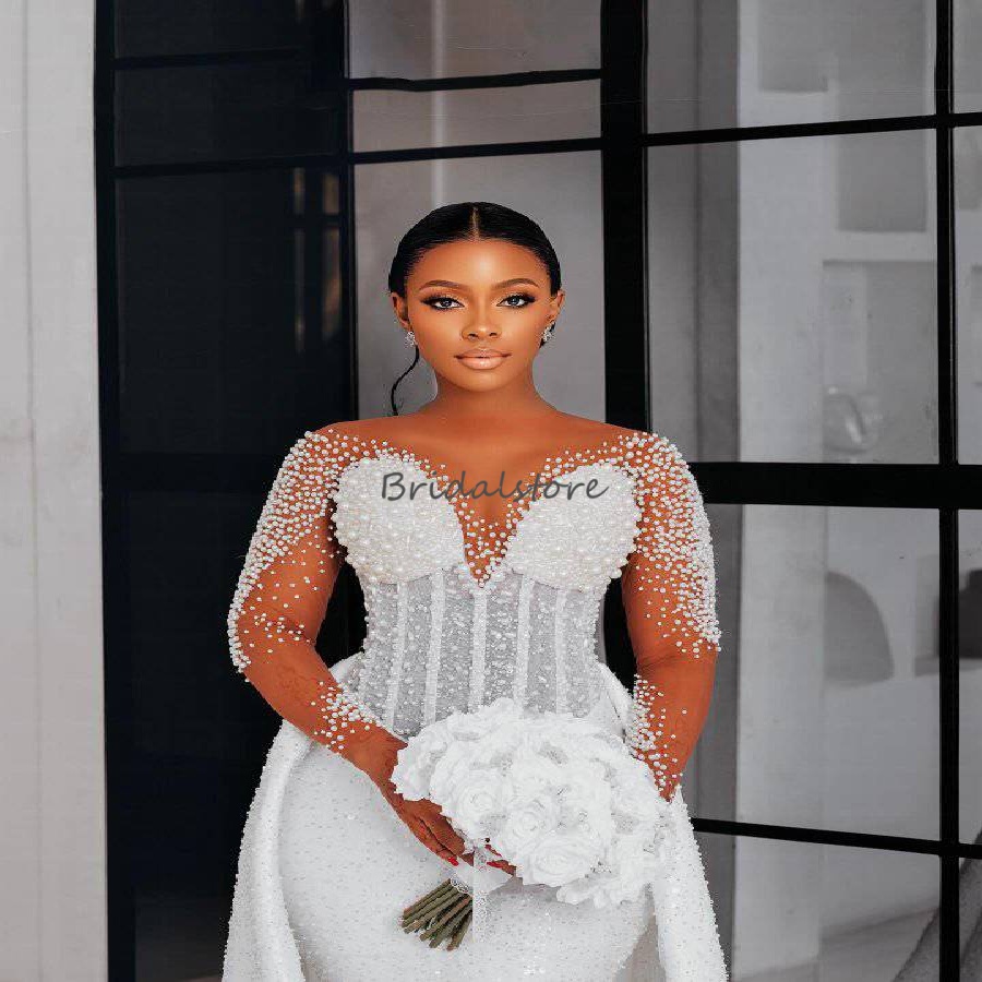 Luxury Sequin Wedding Dress With Detachable Train Long Sleeve Mermaid Princess Pearls Castle Bridal Gowns African Country Bride Dress 2026 Vestio De N