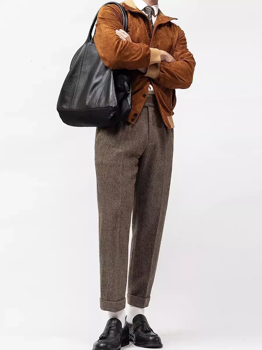 Autumn Winter Men Retro Fashion Pockets Wool Pant Mens Long Woolen Straight Trousers Male Loose Thick Warm Pants F327 251226