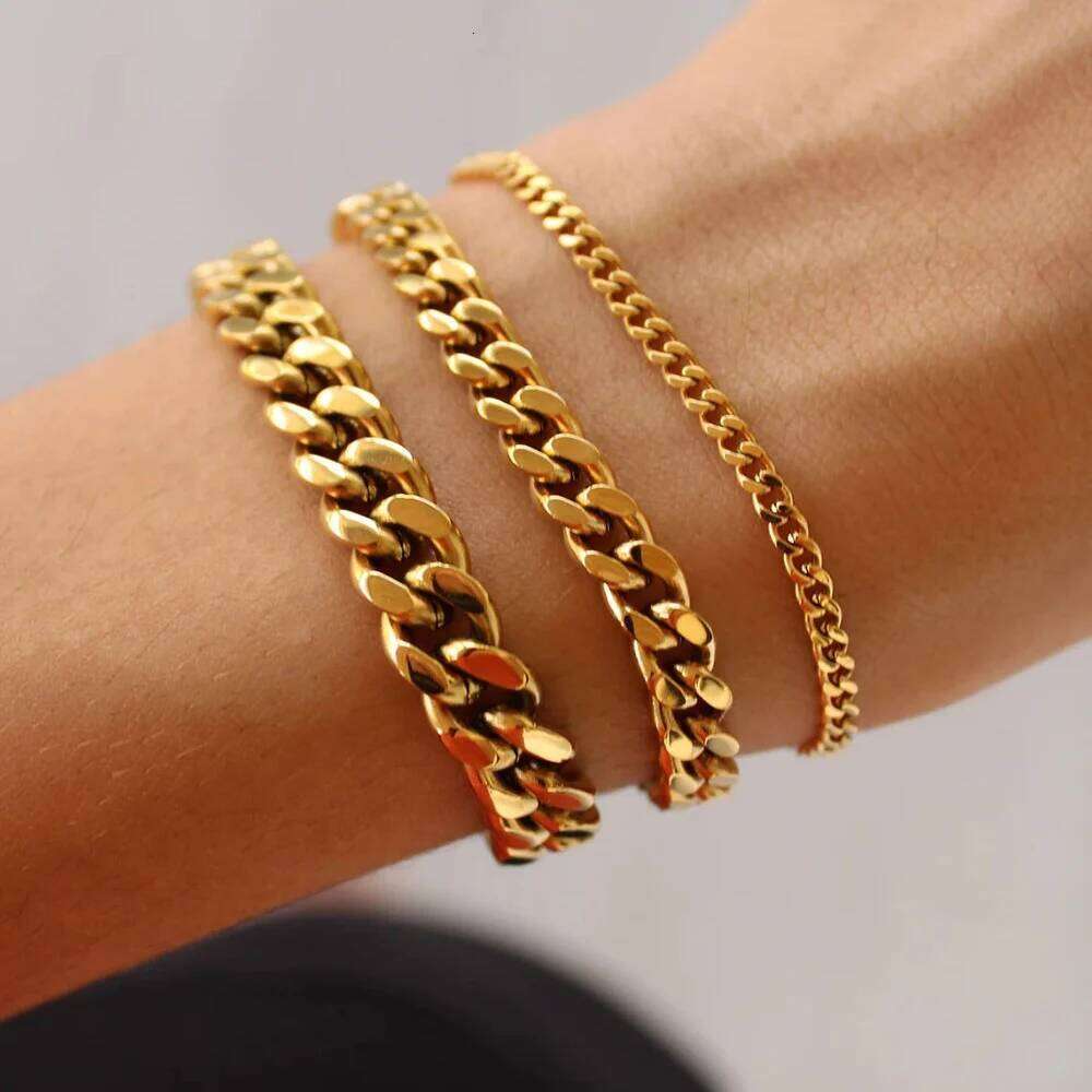 Stainless Steel Bracelet Women, 3mm to 9mm Curb Cuban Chain Bangle Gold Color Unisex Wrist Stackable Jewelry 25T1226