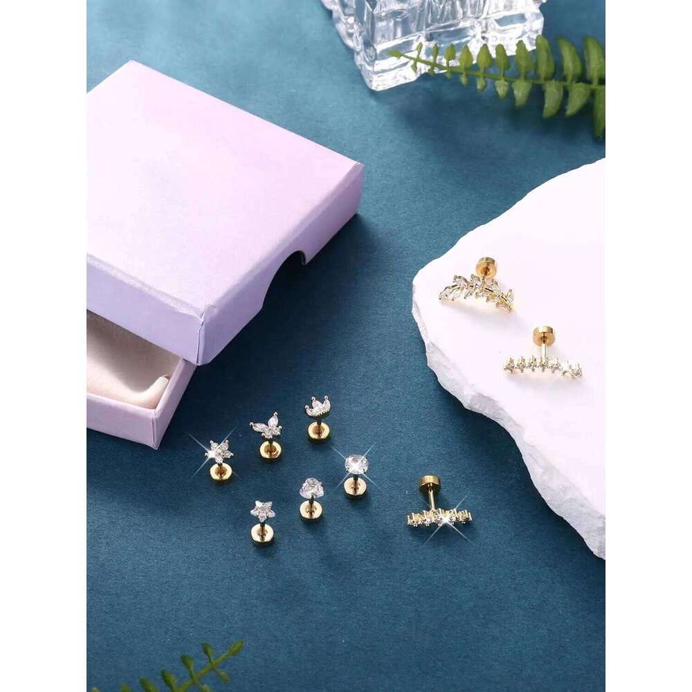 Bobisty Surgical Steel Cartilage Studs Earrings Hypoallergenic Earring Set Flat Back Helix Tragus Piercing Jewellery for Women 25H1226