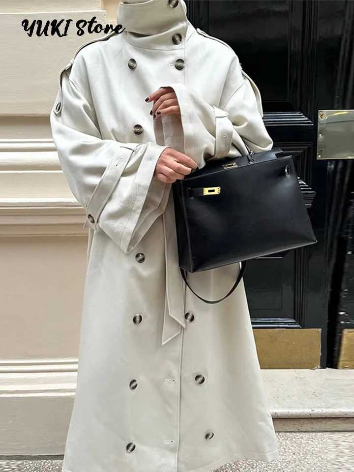 Elegant Lace Up Stand Collar Long Trench Coat Women Double Breasted Slim Waist Solid Windbreaker 2025 Autumn Lady Street OutwearT251226