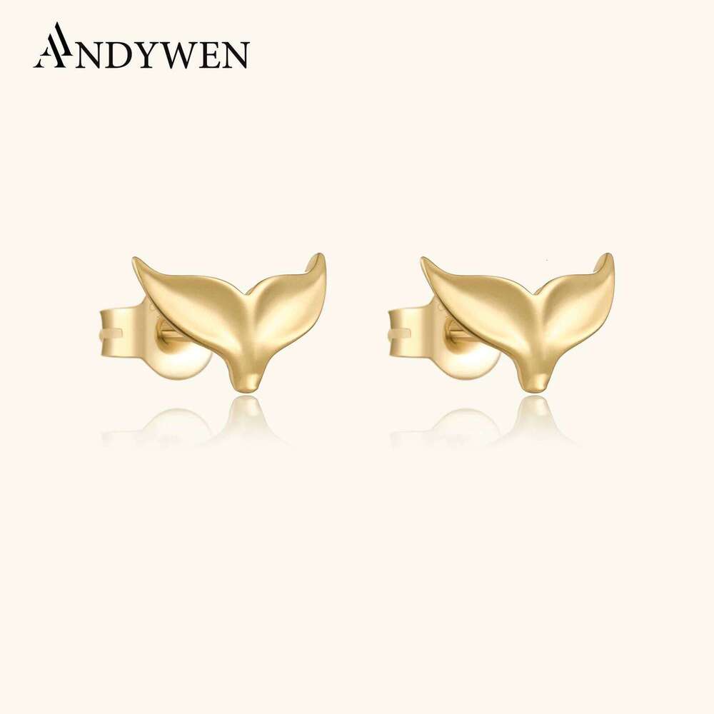 ANDYWEN 925 Sterling Silver Gold Fish Tail Stud Earring Clips Piercing Pendiente Women luxury Fine Jewelry Simple Jewels 25H1226