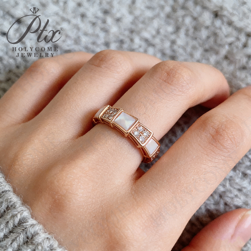 Boutique High Snake Bone Ring Plated with 18k Rose Gold Full of Zircon Diamonds White Mother of Pearl Snake-shaped Ring