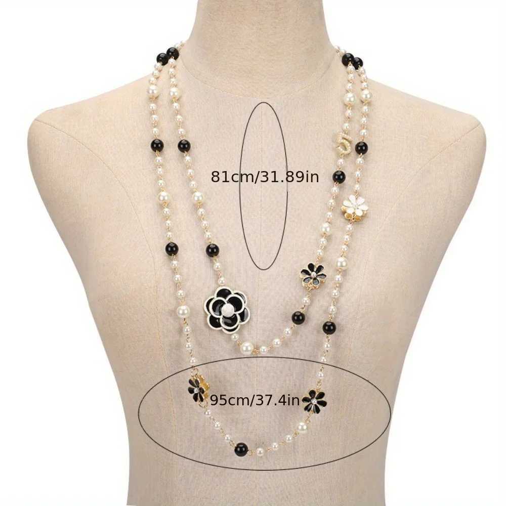 Luxury Japanese and Korean style number 5 Double layer flower imitation pearl long necklace Handmade beaded popular necklaceXJ251226