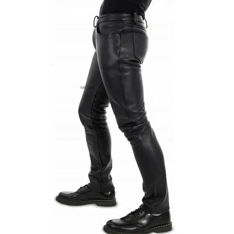 Mens Leather Pants Solid Color PU Motorcycle Elastic Leisure Punk Style Slim Fit Full Length Trousers 251226