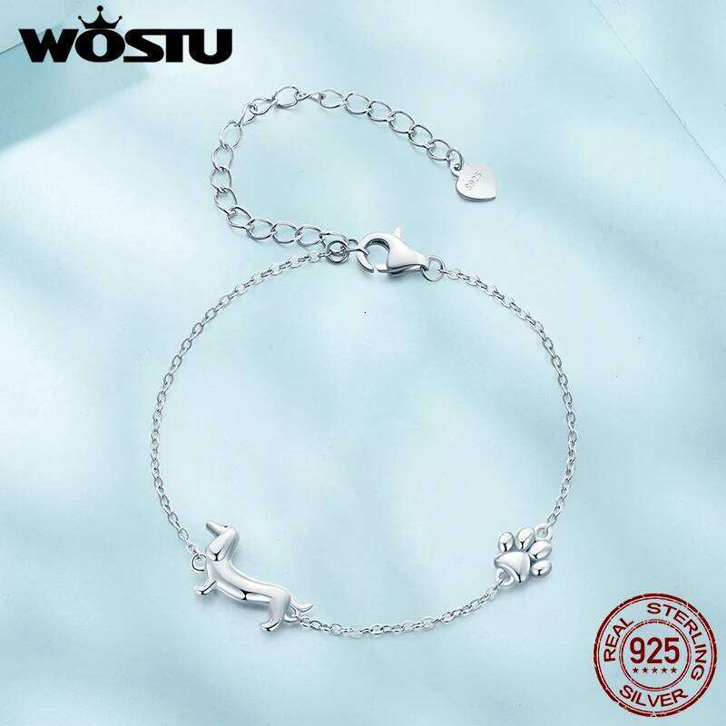 WOSTU 925 Sterling Silver Cute Dachshund Dog Charm Bracelet for Women Original Adjustble Animal Pet Paw link Family Gift Jewelry 25T1226