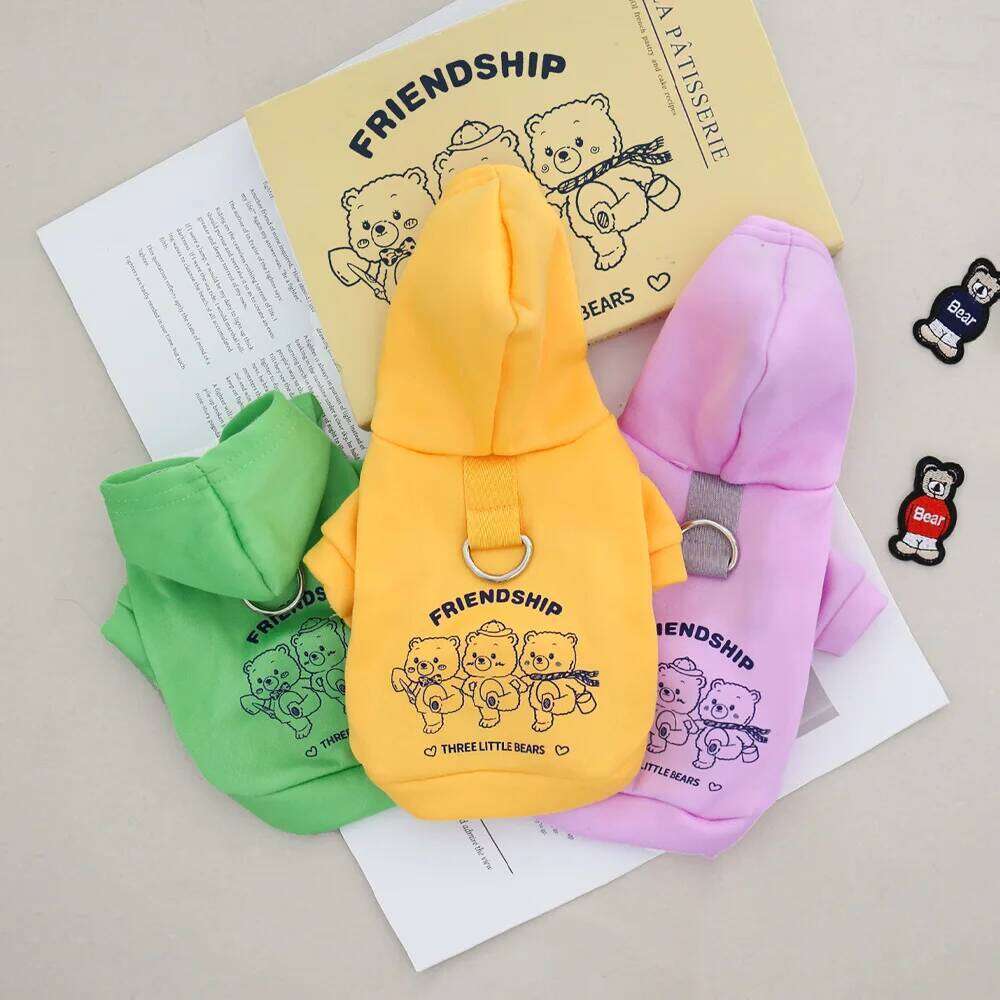 Milk silk velvet hooded cover autumn winter hoodie with teddy bear pattern traction ring for outdoor cats and dogs, 25T1226