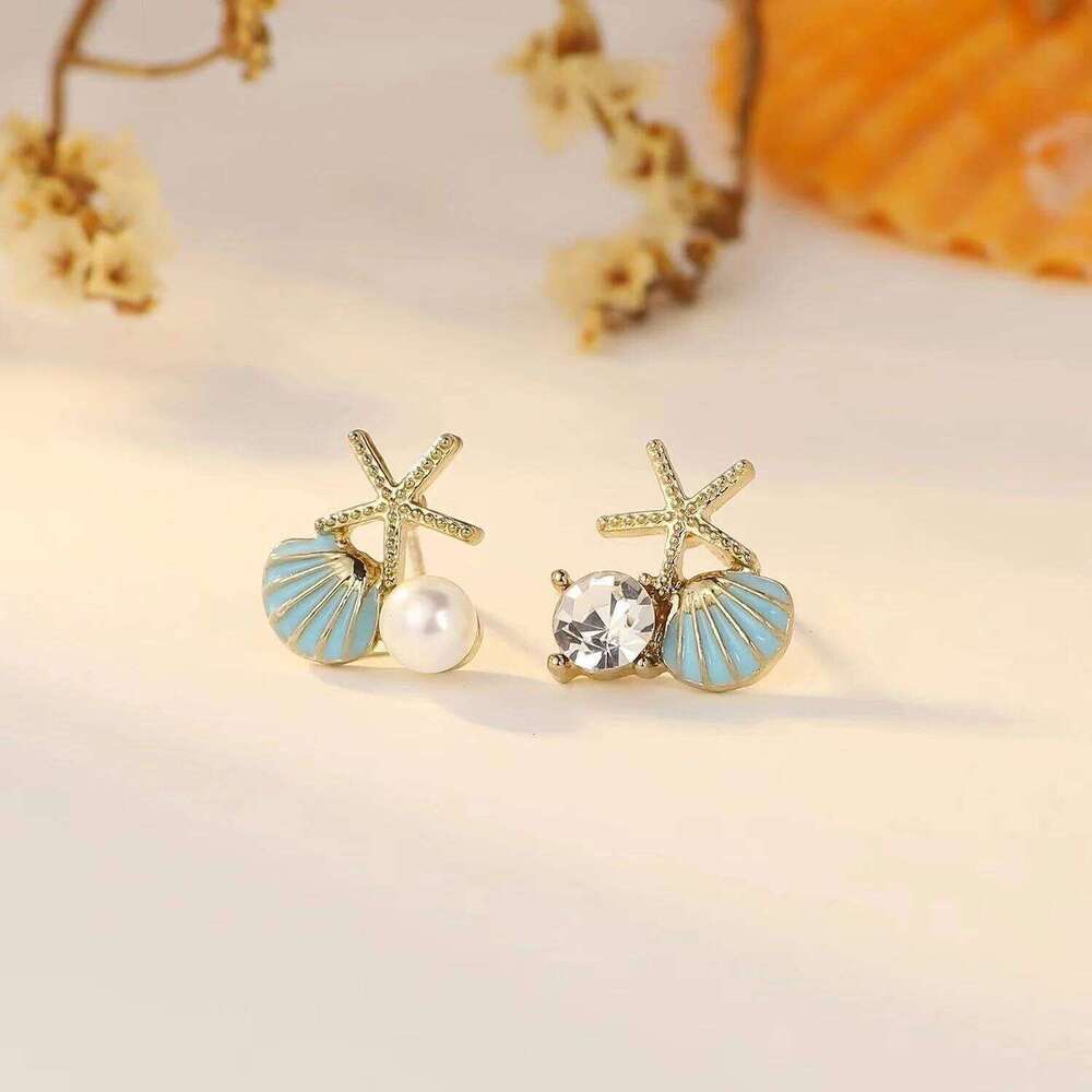 Fashion Asymmetric Ocean Style Earrings Stud For Women Starfish Shell Earring Ear Ring Imitation Pearl Zircon Jewelry Gift 25H1226