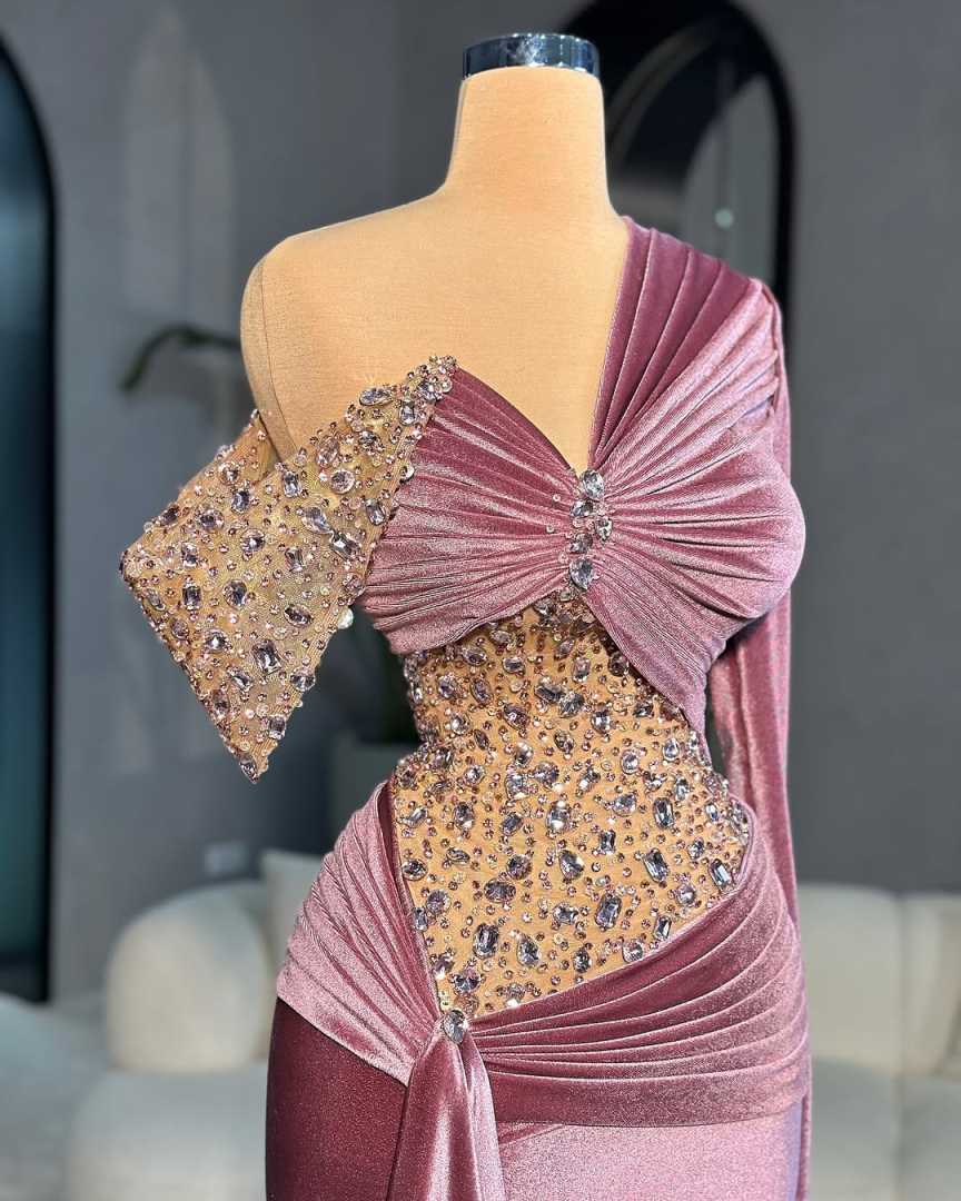 Modern Mermaid Evening Dress One Shoulder Long Sleeve Prom Gowns Sheath Crystal Beaded Floor Length Party Dresses Customized