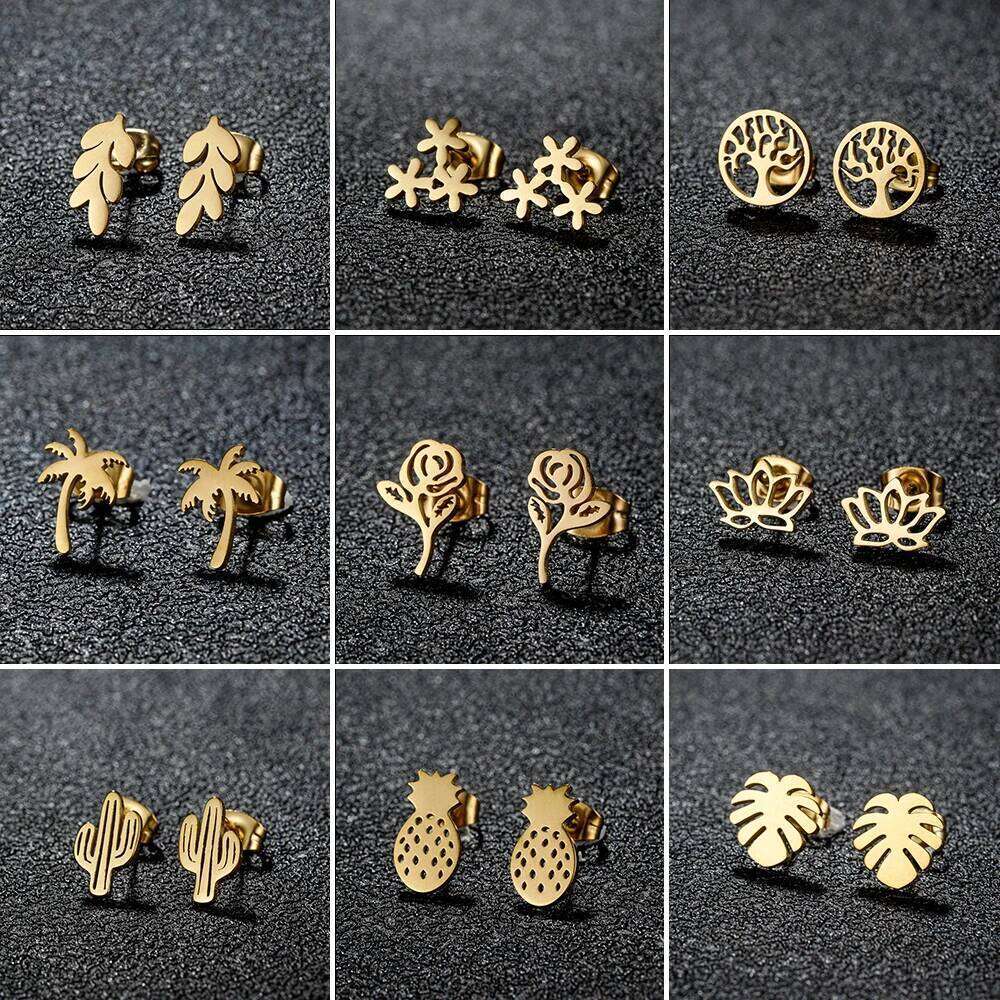 Stainless Steel Coconut Tree Earring For Women Girl Palm Leaf Geometric Metal Coco Joker Ear Stud Summer Holiday Jewelry Gifts 25H1226