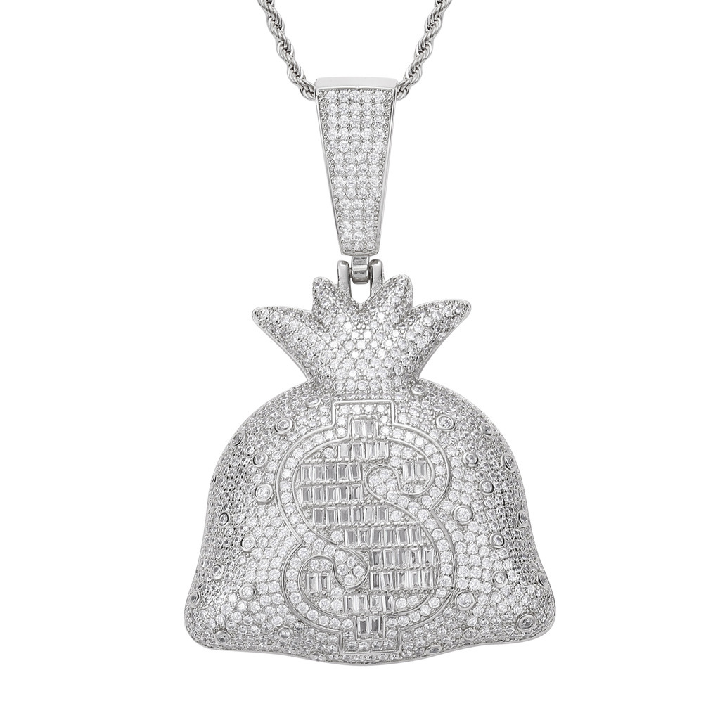 Hip Hop Dollar Purse Pendant Necklace Bling Zircon 18K Real Gold Plated Men Women Jewelry Gift
