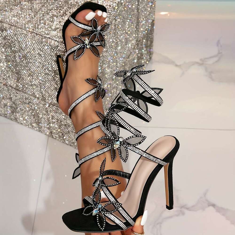 Sexy Fashion Black Rhinestone Butterfly Super High Heel Ladies Catwalk Sandals MOJIDASHU