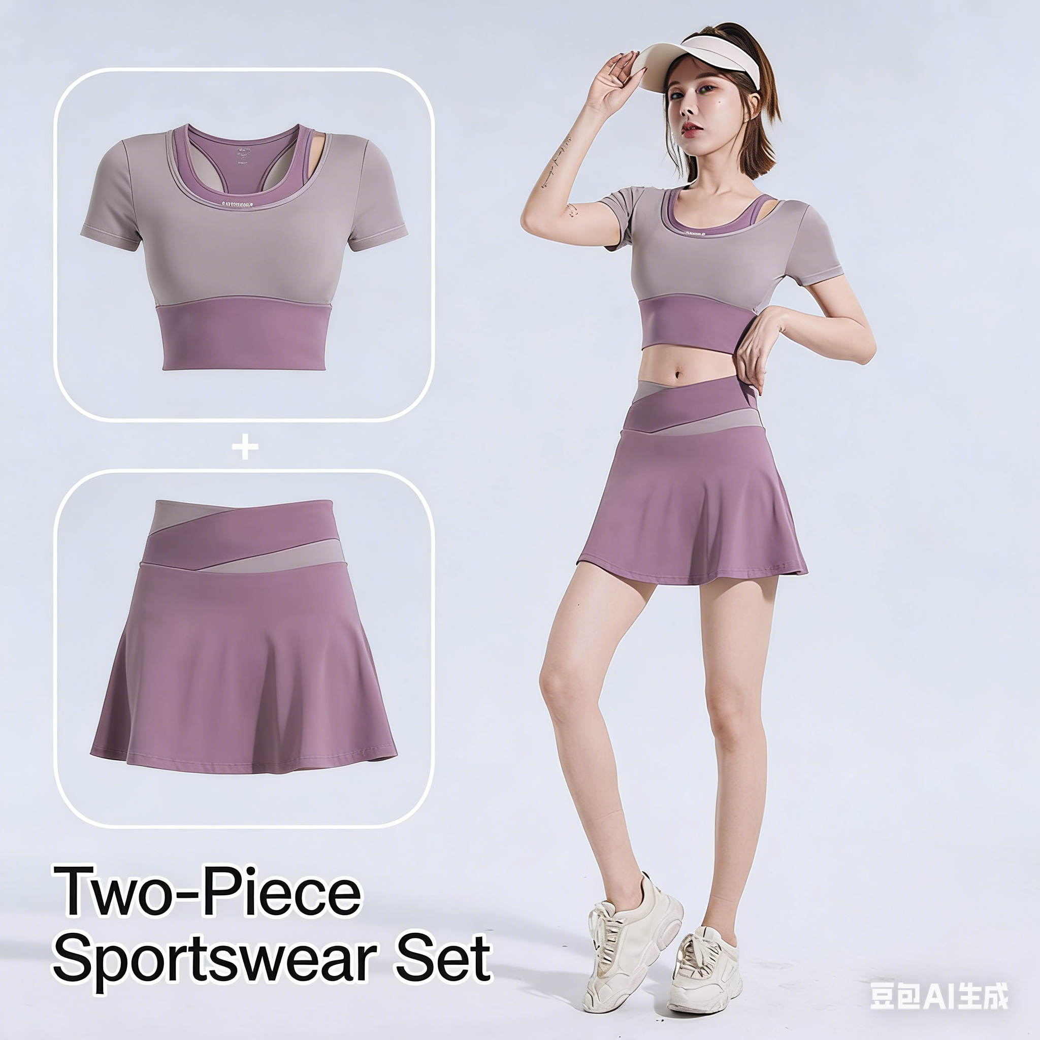Two-Tone Layered Mini Skirt with Quick-Dry, Anti-Chafing Shorts, High-Stretch, Buttery-Soft, Tight-Fitting Sports Short-Sleeve Running and Fitness Set