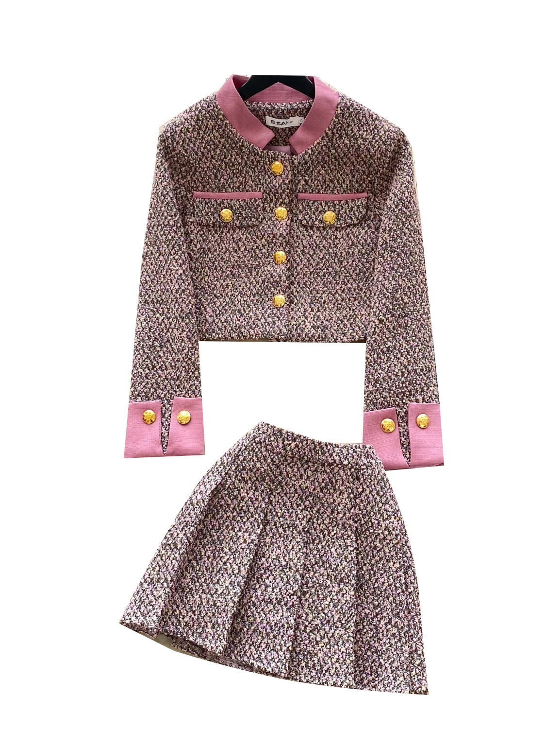 Faionable Tweed Set Womens Autumn Sli AntiAging Long Sve Metal Bule Wide Leg ort Skirt High Waist Pleated 251211