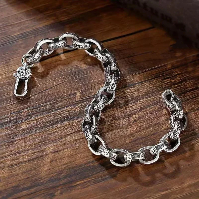 Real Solid S925 Silver Six-Character Mantra Bracelet Men Women Retro Trend Jewelry Gift 251222