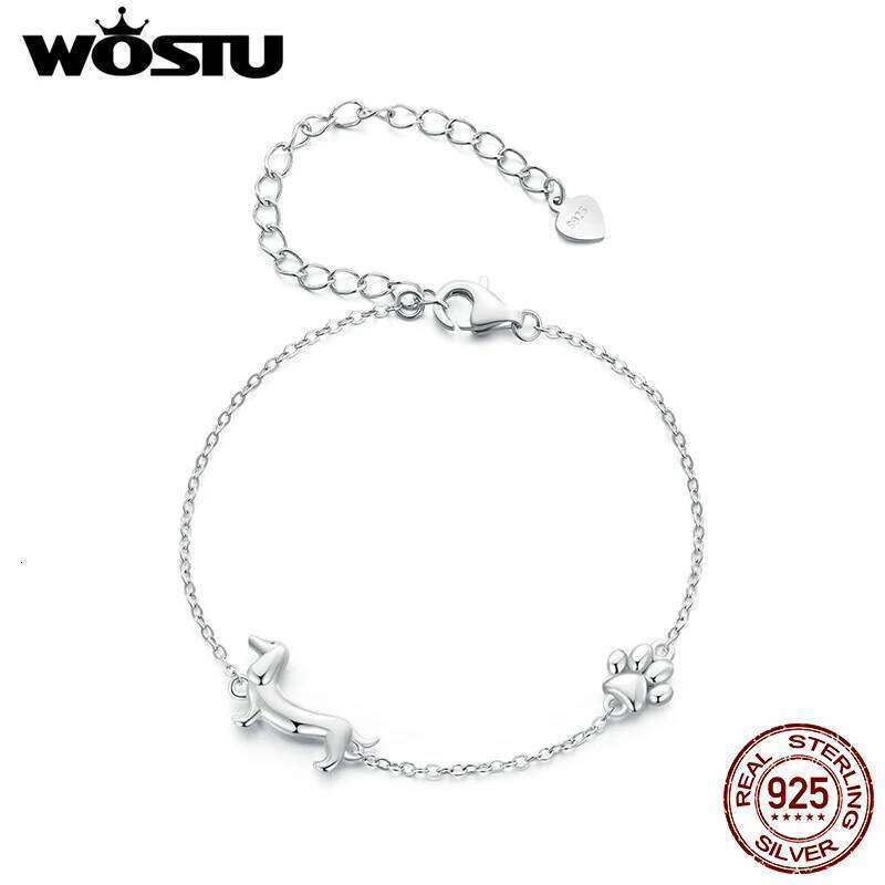 WOSTU 925 Sterling Silver Cute Dachshund Dog Charm Bracelet for Women Original Adjustble Animal Pet Paw link Family Gift Jewelry 25T1226