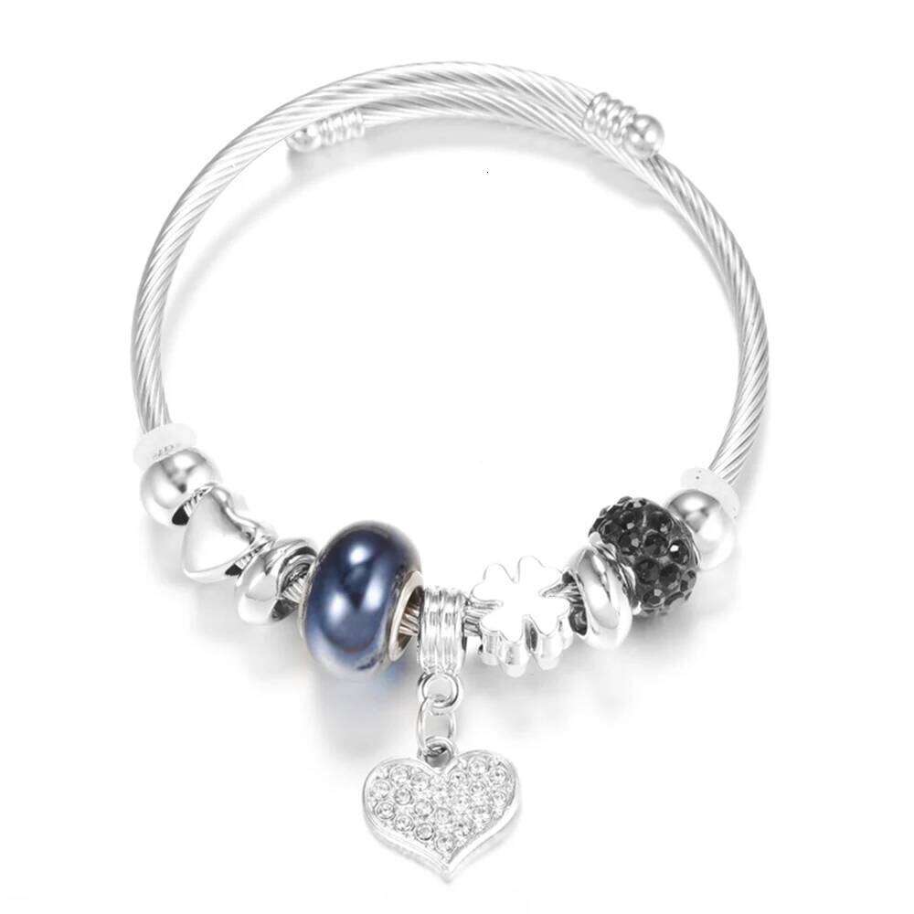 Heart-Shaped Rhinestone Stainless Steel Beaded Bracelet Women Glamorous Crystal 4 Colors Closure Adjustable Bangles Jewelry Gift 25T1226