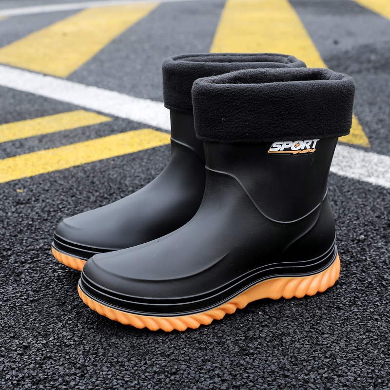 2025 Fashionable rain boots for men fleece-lined high-quality appearance mid-calf outdoor non-slip adult waterproof rubber shoes water shoes