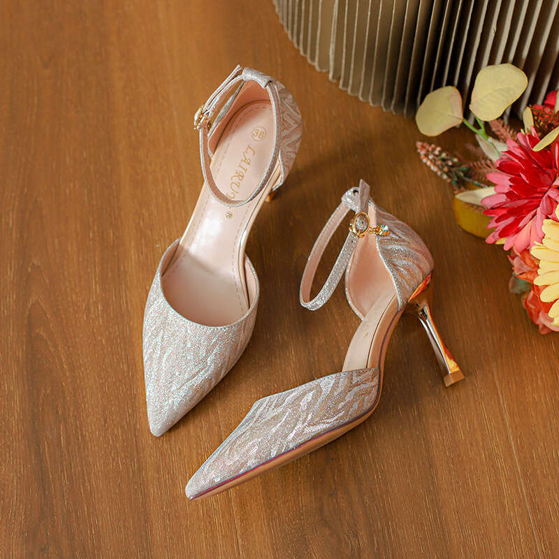 Nude 31-44 Size Glitter High Heels Sandals Hollow Shoes Pointed Toe Shallow Mouth Stiletto