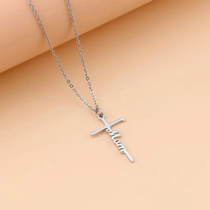 Designer Jewellery High Quality Stainless Steel Waterproof Silver Jesus Cross Pendant Name Carving Necklace for Men and Women Religious Gift Textured 