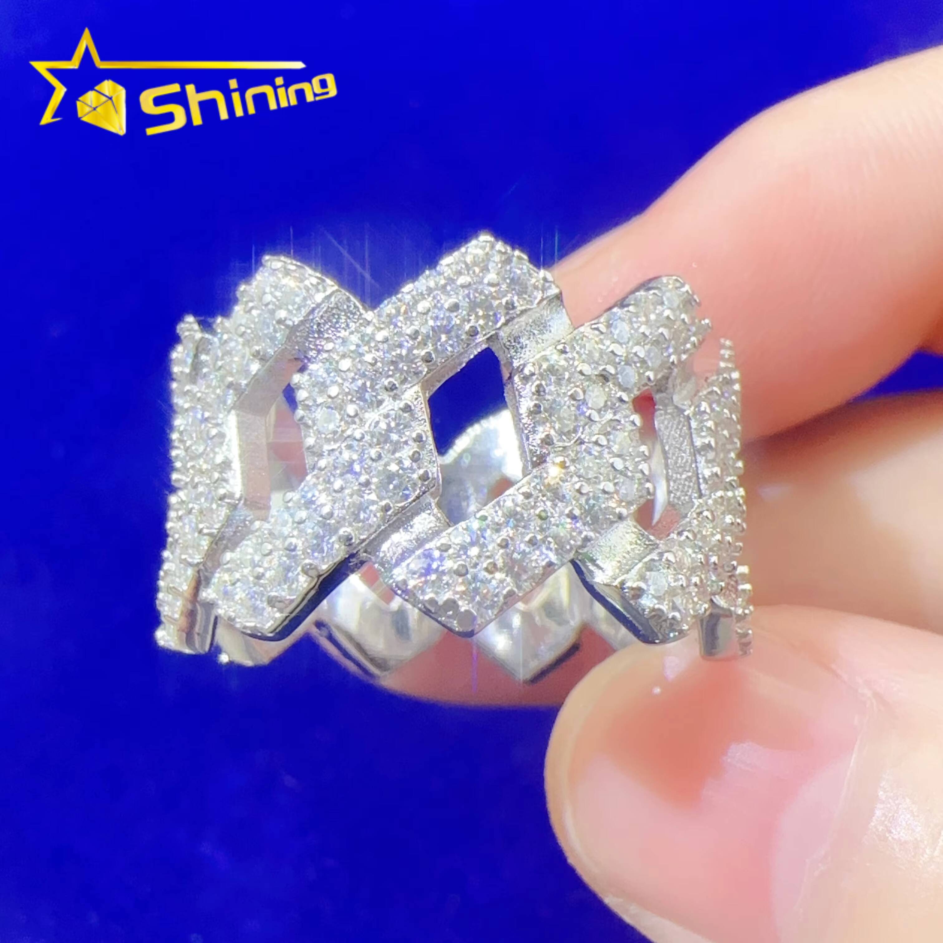 Bulk Stock Iced Out Round Diamond Hip Hop Cuban Rings Solid Silver Men Miami Cuban Band Ring VVS Moissanite Diamond Rapper