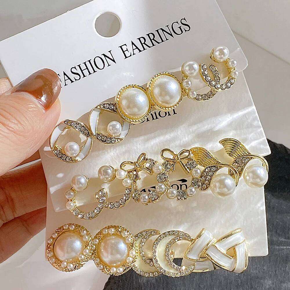 LATS Bow Fishtail Pearl Moon for Women Popular Gold Color Crystal Earrings Set Fashion Jewelry Accessories Gifts 25H1226