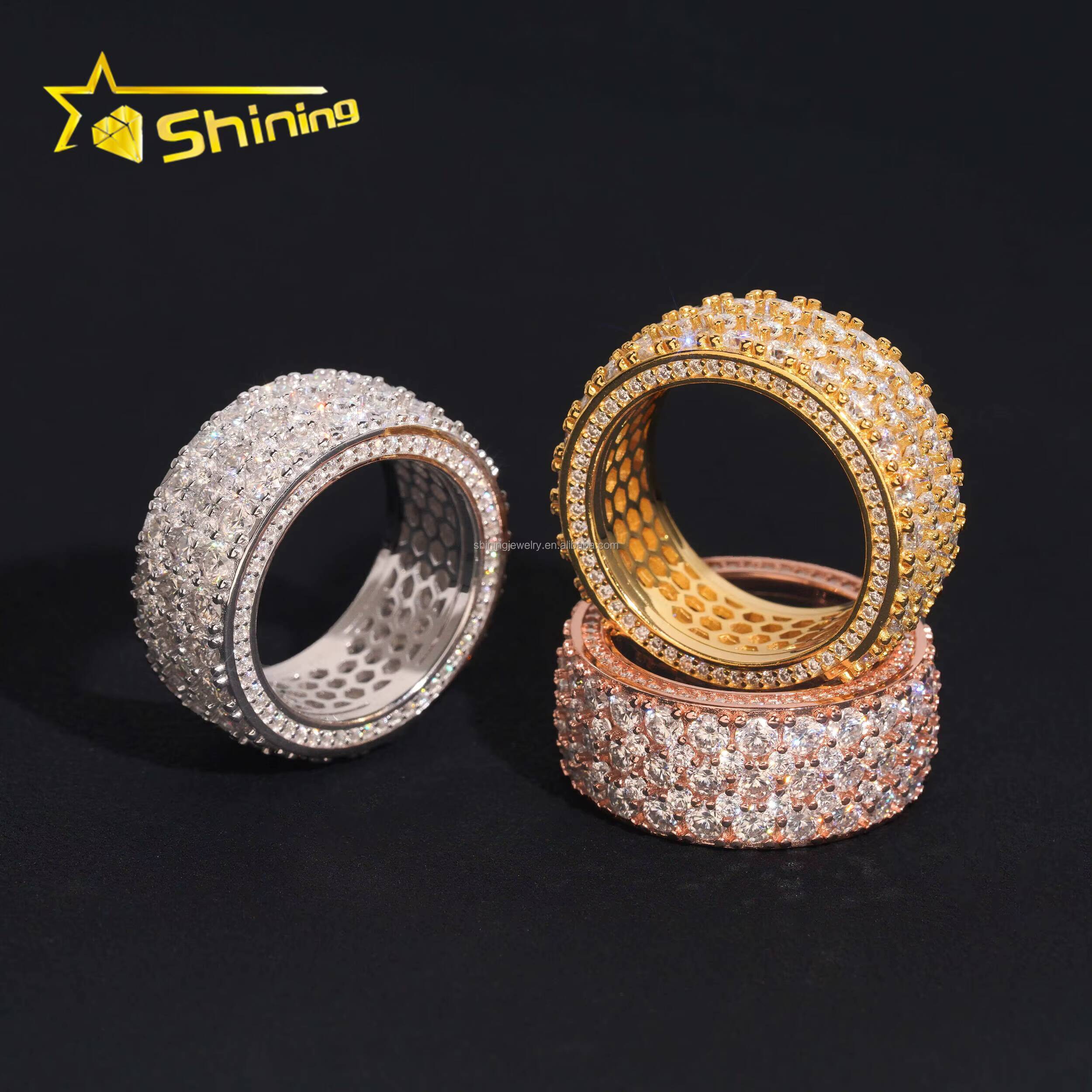 New Arrivals Bulk Stock 3Rows Stone Iced Out Jewelry Engagement Rings 925 Silver Jewelry Moissanite Diamond Eternity Band Ring