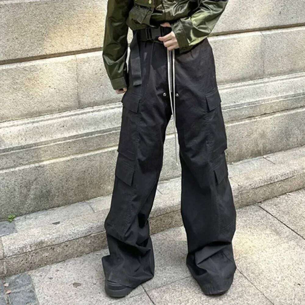 Unisex Straight Baggy Casual Overalls Men's Streetwear Loose Ro Style Wide Leg Drawstring Black Cargo Pants Oversized Trousers