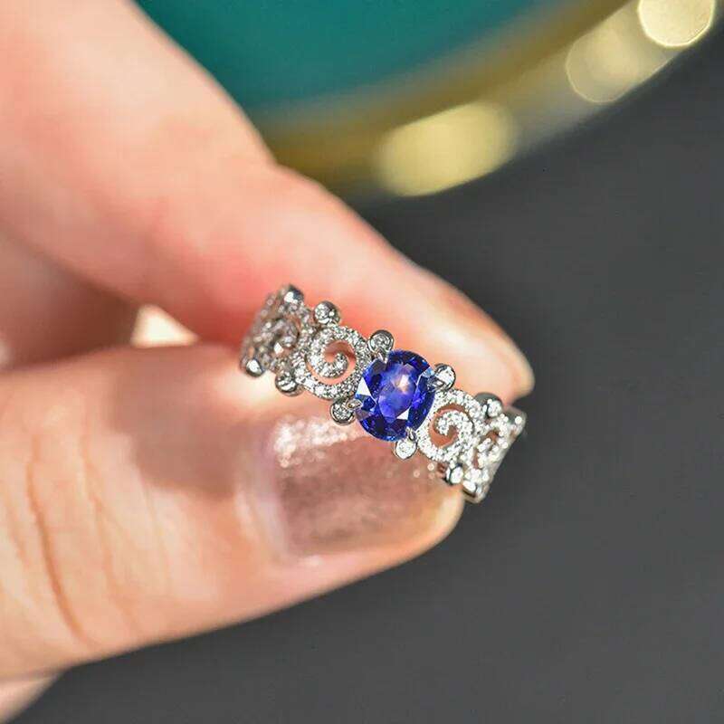 Huitan Aesthetic Elegant Hollow with Oval Blue Cubic Zirconia Wedding Anniversary Party Women Rings Luxury Trendy Jewelry