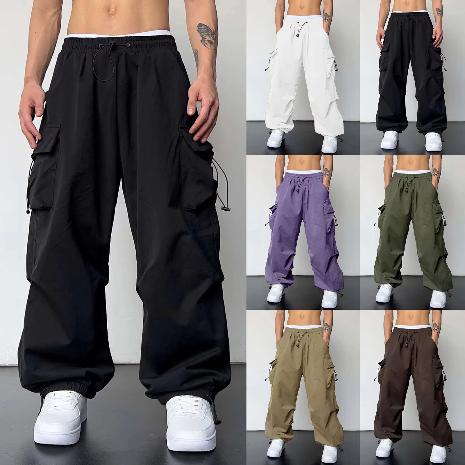 Summer Quick Drying Work Pants Men's American Parachute Pants High Waist Wide Leg Casual Sports Long Pants