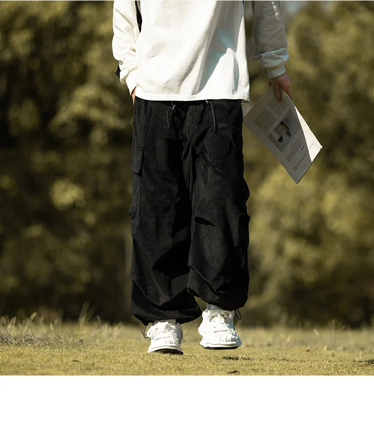 autumn and winter retro brown corduroy multi pocket workwear pants for men loose drawstring elastic waist 251226