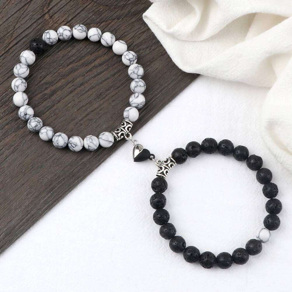 2Pcs/Set Sliver Color Magnet Pendant Bracelets 6MM 8MM White Porcelain Black Line Beads Couple Bracelet Jewelry Gift New 25T1226