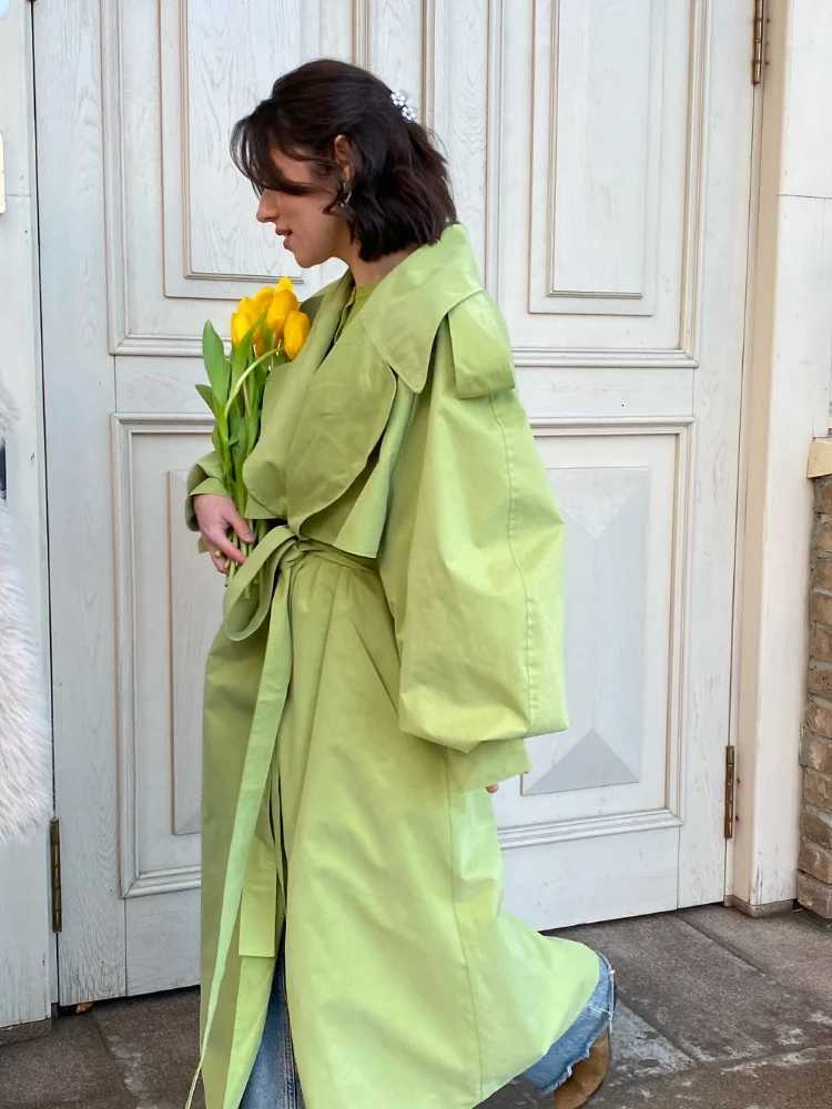 Green Oversized Lapel Trench Coat Women Fashion Long Sleeve Belted Loose Fit Lapel Jackets 2025 Lady Luxury Street OuterwearsT251226