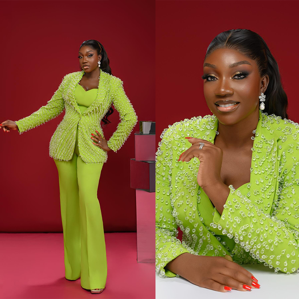 Customized Fresh Green Diamond Women Pants Suits Formal Business Slim Fit Working Wear Prom Birthday Party Evening 2 Pieces