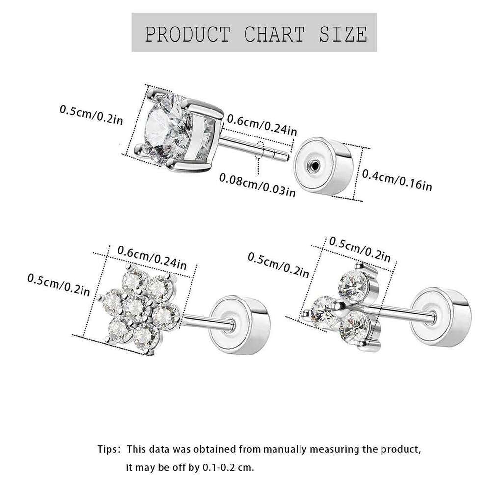 20G Pin type flat back cartilage earrings Stainless steel zircon round triangle plum blossom petals female ear piercing jewelry 25H1226