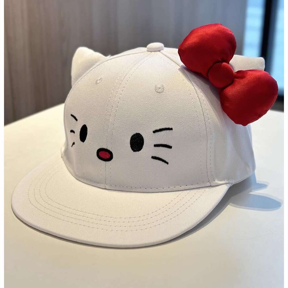 Women Baseball Cap Cute Kitty Cat Embroidered Bow Flat Brim for Protection Summer Cartoon Versatile Sunshade Sun