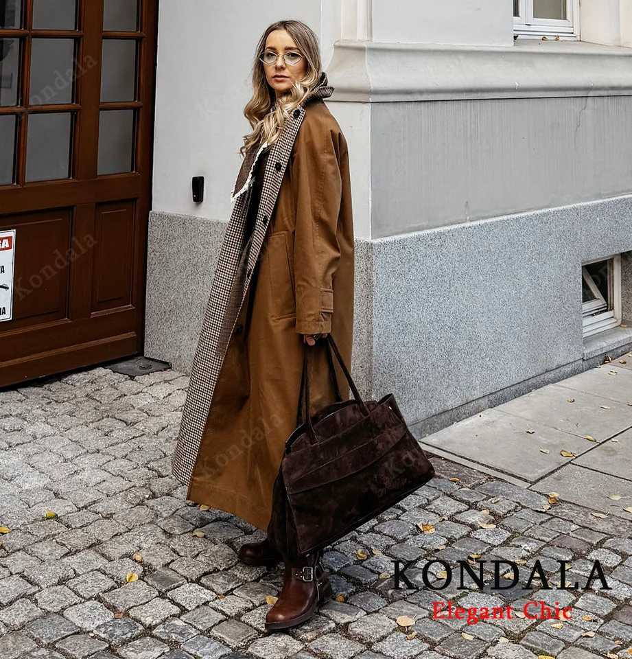 KONDALA Urban Vintage Trench Coat Womens Fall Winter Brown Reversible Wear Long Coat 2025 Fashion Elegant Commute Ladies CoatT251226