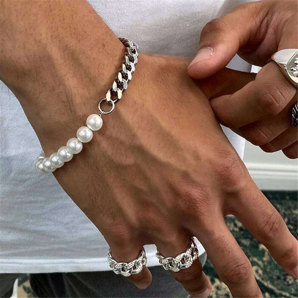 Simple Stainless Steel Pearl Stitch Silver Color Men Cuban Chain Bracelet Retro Party Jewelry Men's Fashion Accessories 25T1226