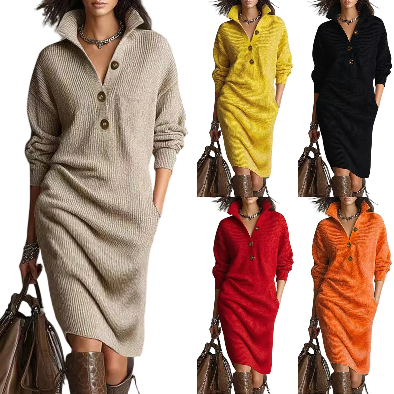 Autumn Casual Button Loose Straight Knitting Mid-Length Sweater Dresses Womens Fashion Lapel Long Sleeve Pocket Party Dress 251225