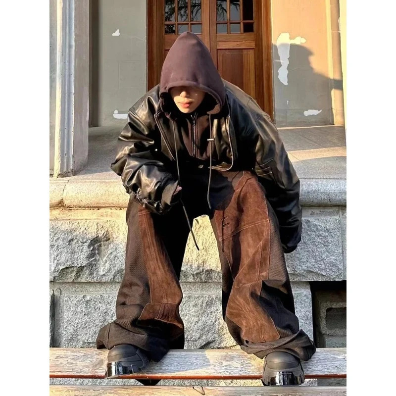 Autumn Winter Men Clothing Oversized Cool Black Thickened Warm Pu Leather Leisure Jacket Hood 2 Clothes 251225