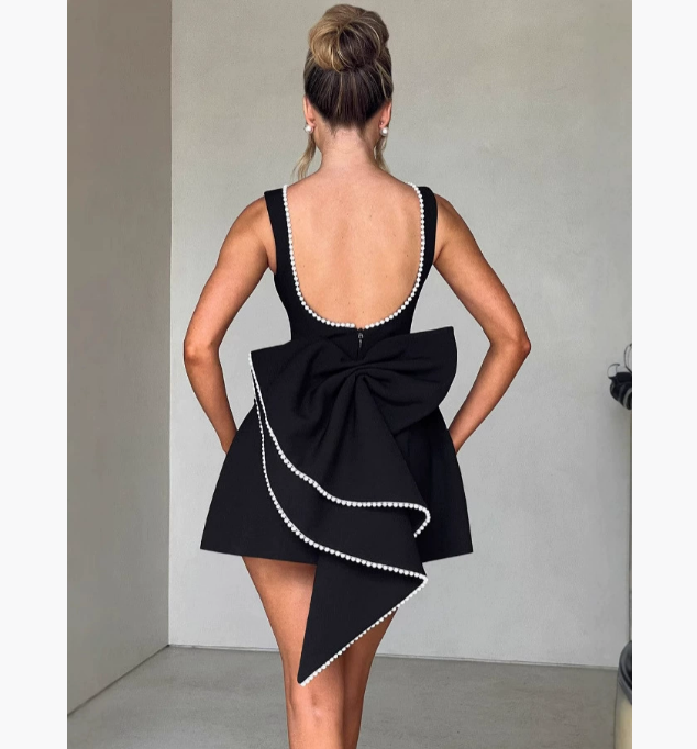 Casual Dresses Elegant Pearl Bow Backless Sexy Mini Dress Women's Luxury Party Short White Black Pink Birthday Evening Wedding