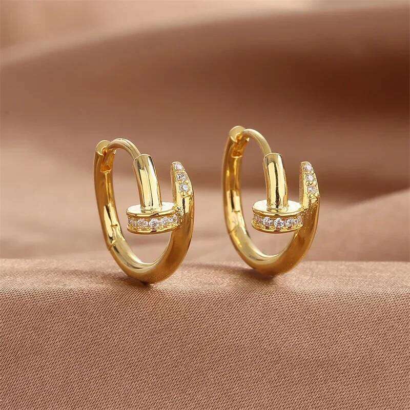 Luxury Cubic Zircon Sparkling Nail Hoop for Women Girls Trend Gold Silver Color Y2K Ear Piercing Earrings Jewelry Gifts 25H1226