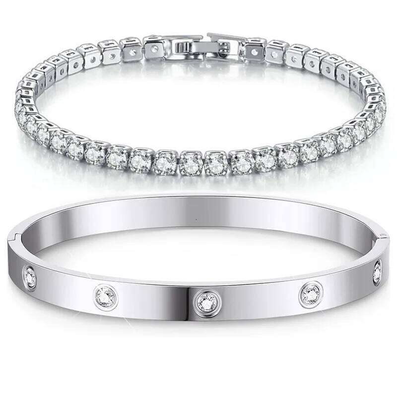 Stackable Bracelets Bangles for Women Girls 14K Gold Plated Cubic Zirconia Tennis Bracelet Stainless Steel Jewelry Gifts 25T1226