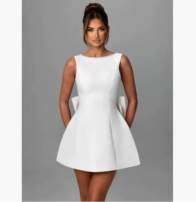 Casual Dresses Elegant Pearl Bow Backless Sexy Mini Dress Women's Luxury Party Short White Black Pink Birthday Evening Wedding
