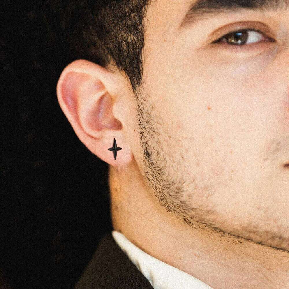 Black Stud Earrings for Men Boys,Stainless Steel Four Point Star Earring,Trendy Hiphop Jewelry 25H1226